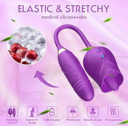 Flor 3 en 1 (vibrador, dildo, y lengua sexo oral) color grappete